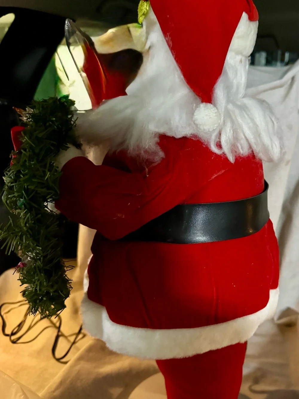 Santa Figure with Festive Green Wreath - Red Holiday Decor